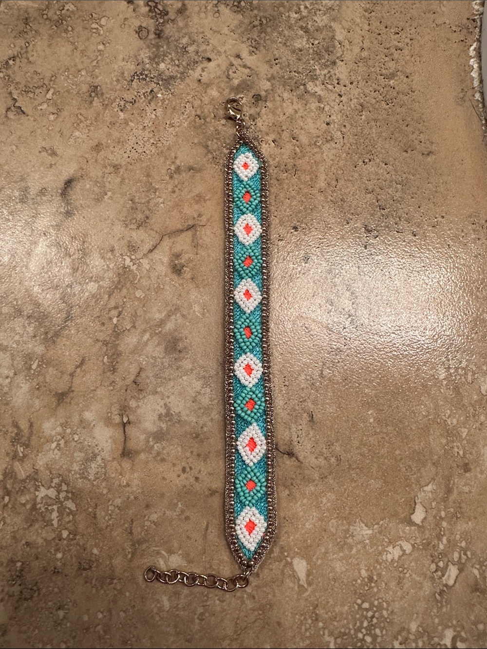 Turquoise Seed Bead Diamond-Pattern Bracelet with Coral Accents